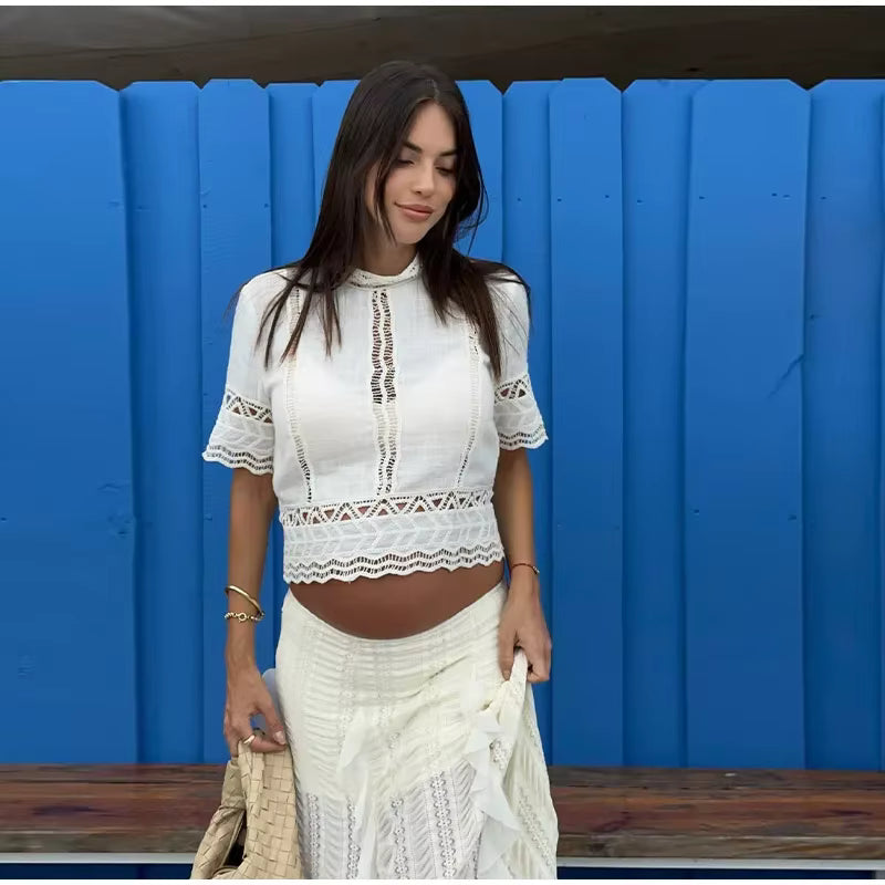 Casual Embroidery Hollow Out Top O-neck Short Sleeve Blouse Pleated A-line Long Skirts Two Piece Set