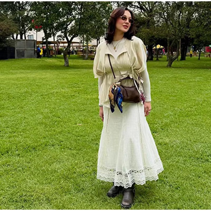 Casual Embroidery Hollow Out Top O-neck Short Sleeve Blouse Pleated A-line Long Skirts Two Piece Set
