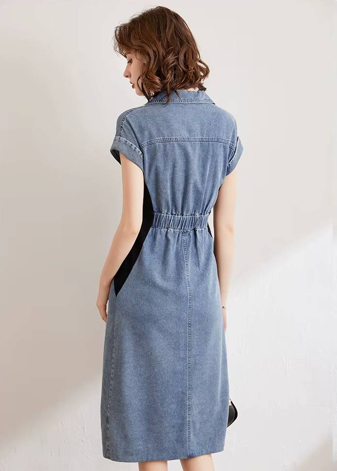 Casual Embroidery V-Neck Short Sleeve Non Stretch Slim Fit Mid-Calf Dress
