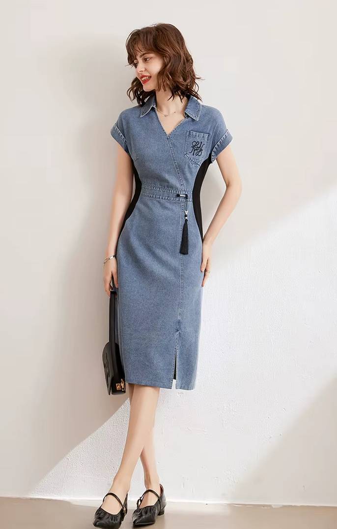 Casual Embroidery V-Neck Short Sleeve Non Stretch Slim Fit Mid-Calf Dress