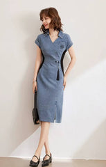 Casual Embroidery V-Neck Short Sleeve Non Stretch Slim Fit Mid-Calf Dress