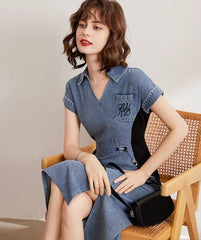 Casual Embroidery V-Neck Short Sleeve Non Stretch Slim Fit Mid-Calf Dress