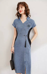 Casual Embroidery V-Neck Short Sleeve Non Stretch Slim Fit Mid-Calf Dress