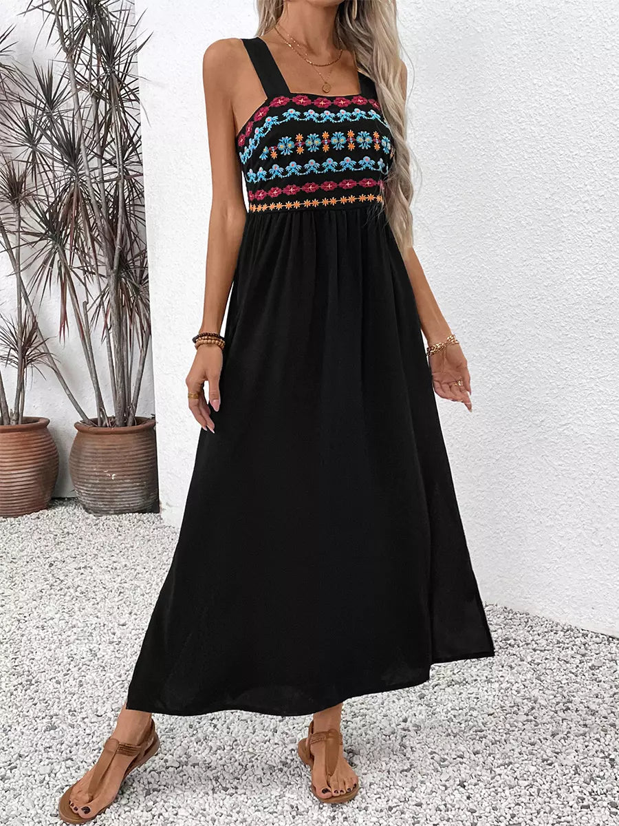 Casual Ethnic Embroidery High Waist Sleeveless Maxi Dress
