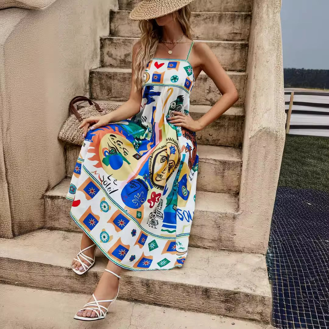 Casual Eye Catching Soft And Skin-Friendly Halter Printed Pocket Loose Midi Dress