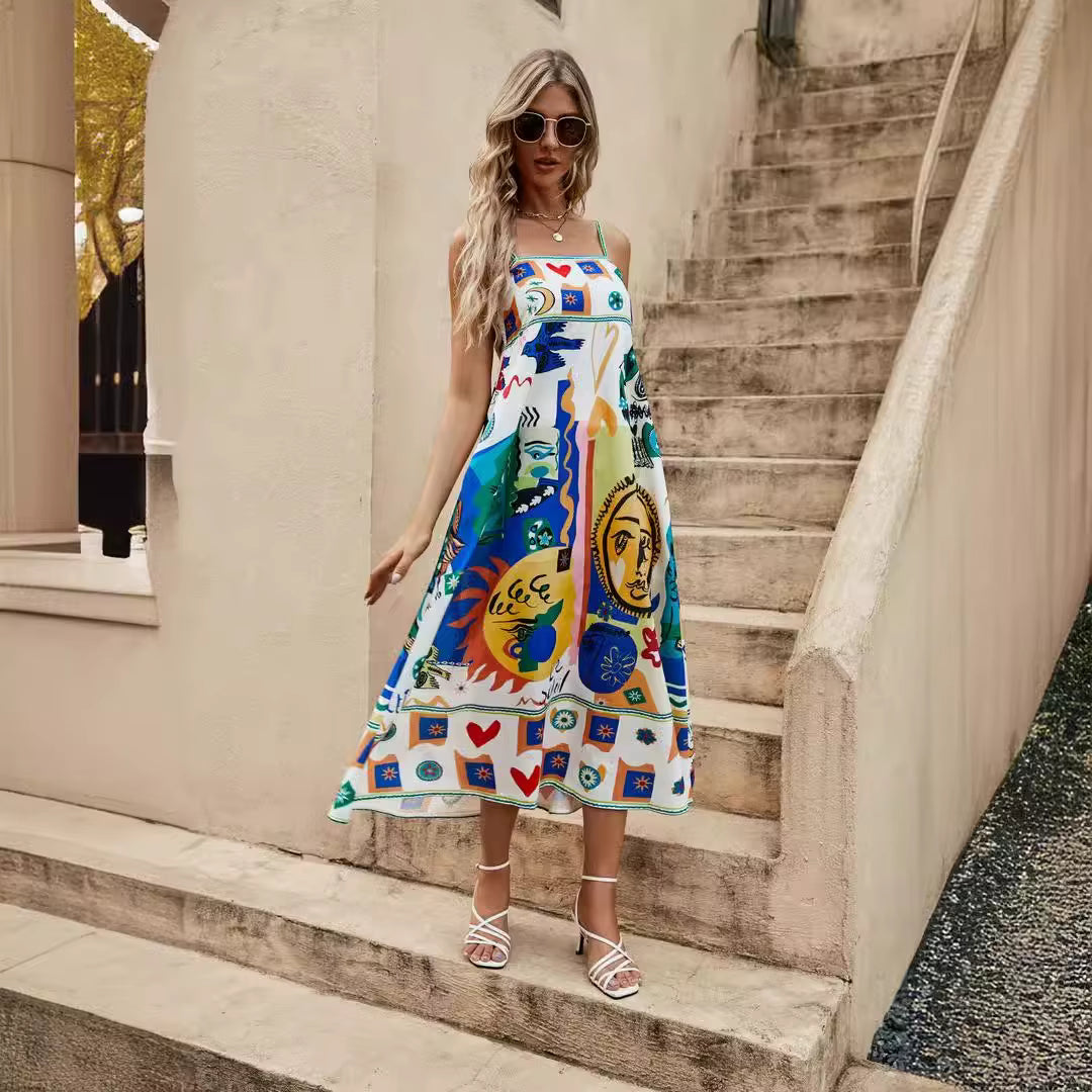 Casual Eye Catching Soft And Skin-Friendly Halter Printed Pocket Loose Midi Dress