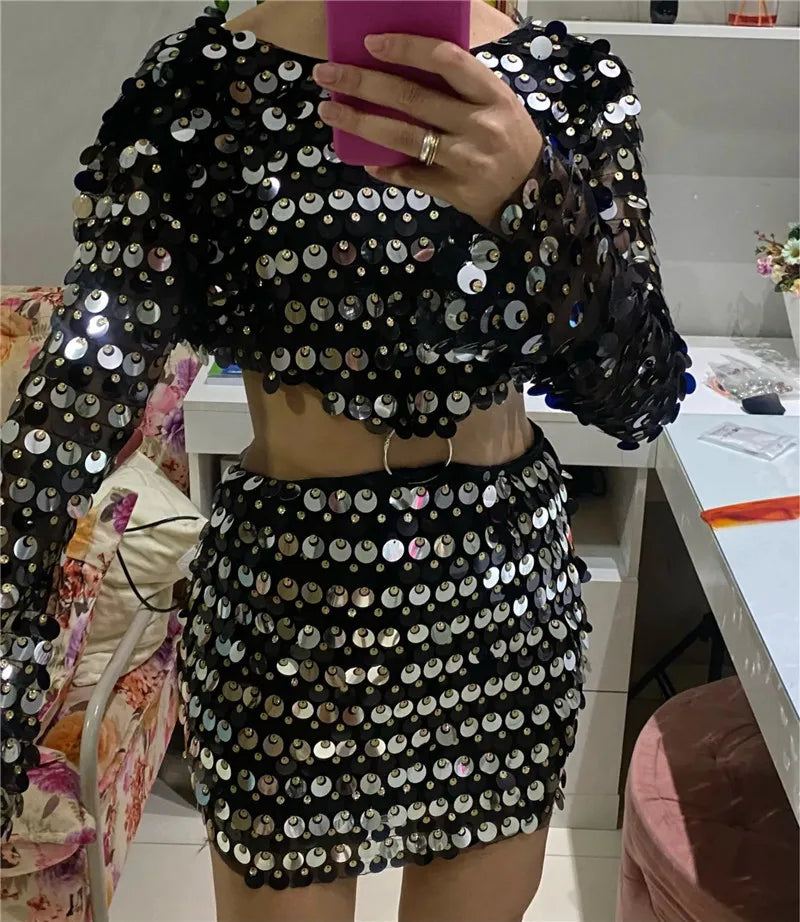 Casual Long Flare Sleeve Slim Glitter Sequins Hollow Out Mini Dress
