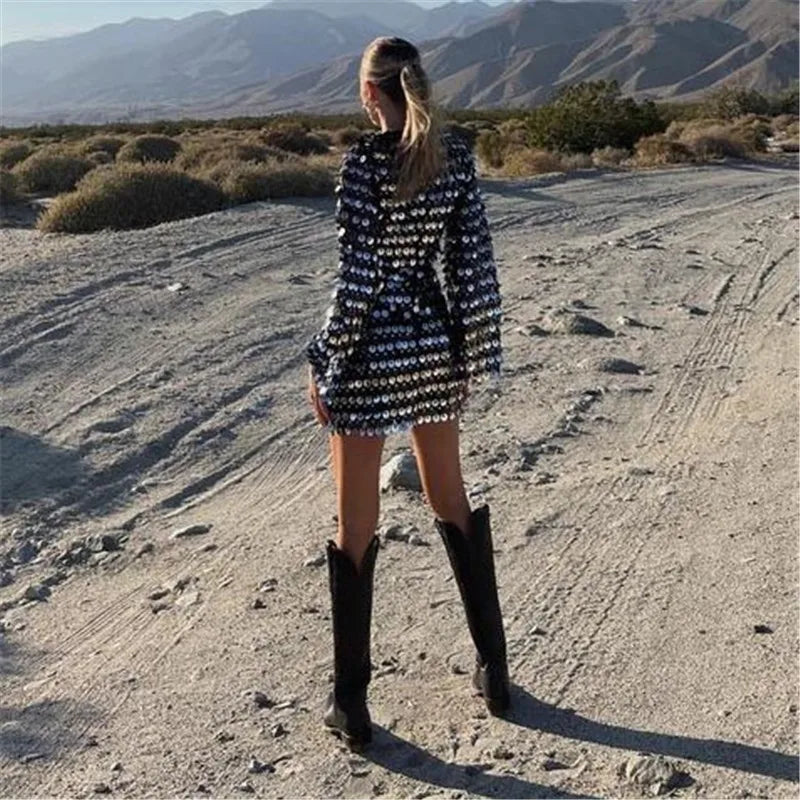 Casual Long Flare Sleeve Slim Glitter Sequins Hollow Out Mini Dress