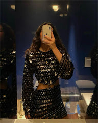 Casual Long Flare Sleeve Slim Glitter Sequins Hollow Out Mini Dress