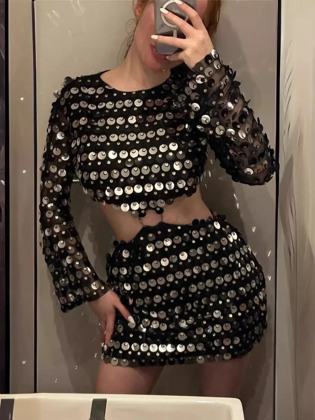 Casual Long Flare Sleeve Slim Glitter Sequins Hollow Out Mini Dress