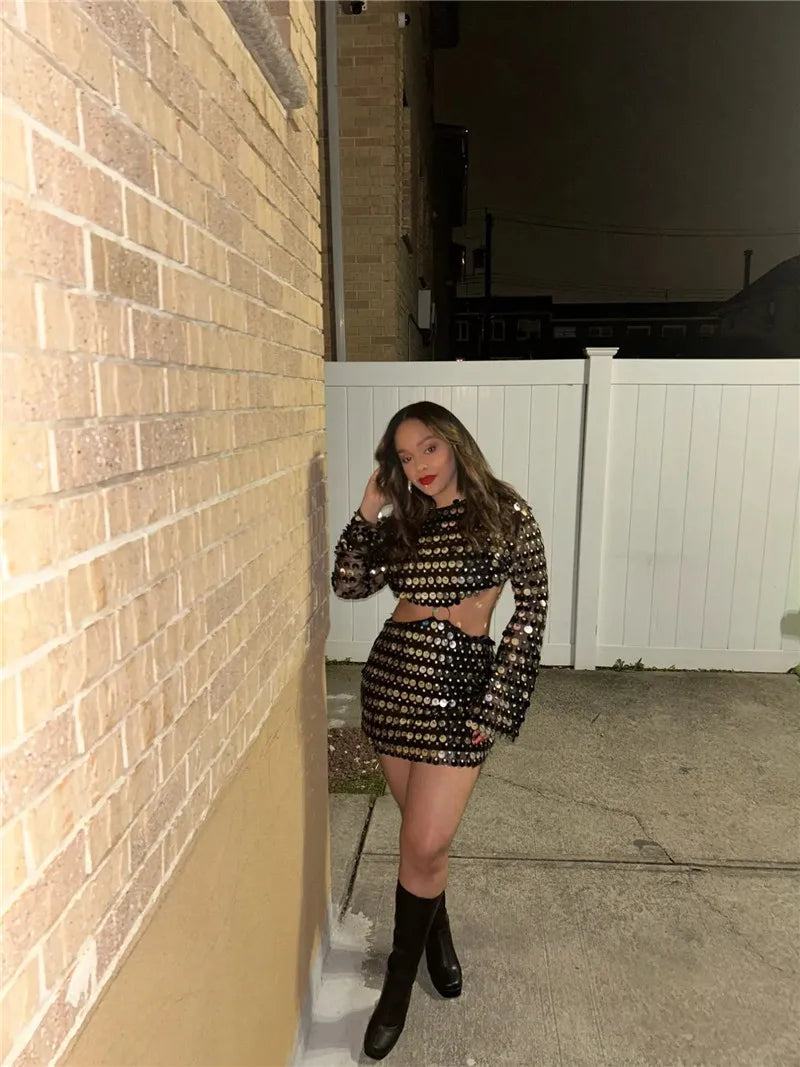 Casual Long Flare Sleeve Slim Glitter Sequins Hollow Out Mini Dress