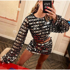 Casual Long Flare Sleeve Slim Glitter Sequins Hollow Out Mini Dress