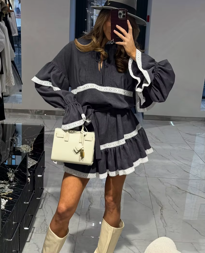 Casual Loose Stand Collar Long Sleeve Elegant Classic Pleated Mini Dresses