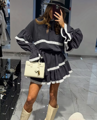 Casual Loose Stand Collar Long Sleeve Elegant Classic Pleated Mini Dresses