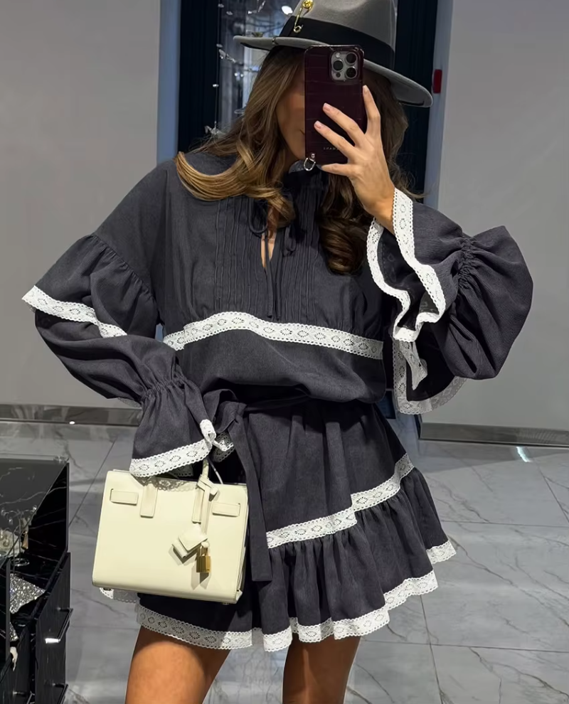Casual Loose Stand Collar Long Sleeve Elegant Classic Pleated Mini Dresses