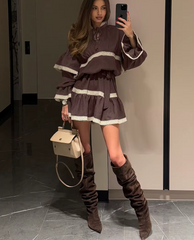 Casual Loose Stand Collar Long Sleeve Elegant Classic Pleated Mini Dresses