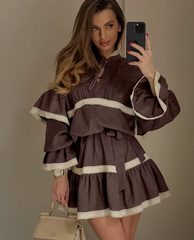 Casual Loose Stand Collar Long Sleeve Elegant Classic Pleated Mini Dresses