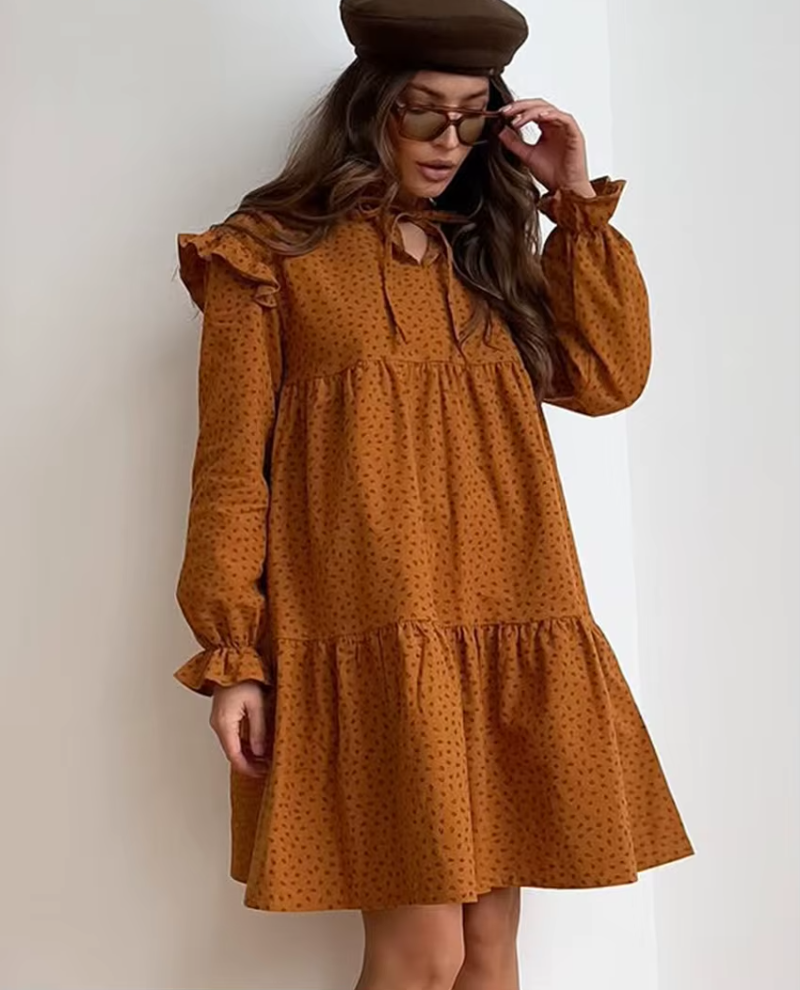 Casual Print Stand Collar Long Sleeve Loose Classic Lace-Up Mini Dresses