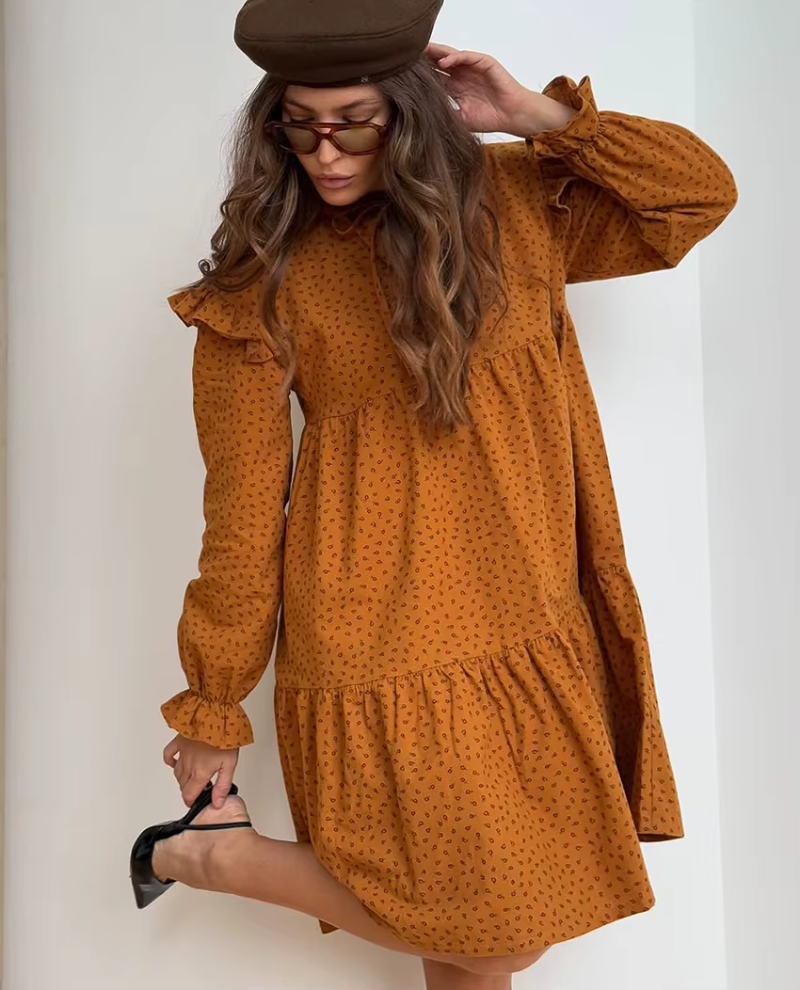 Casual Print Stand Collar Long Sleeve Loose Classic Lace-Up Mini Dresses