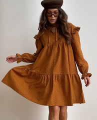Casual Print Stand Collar Long Sleeve Loose Classic Lace-Up Mini Dresses
