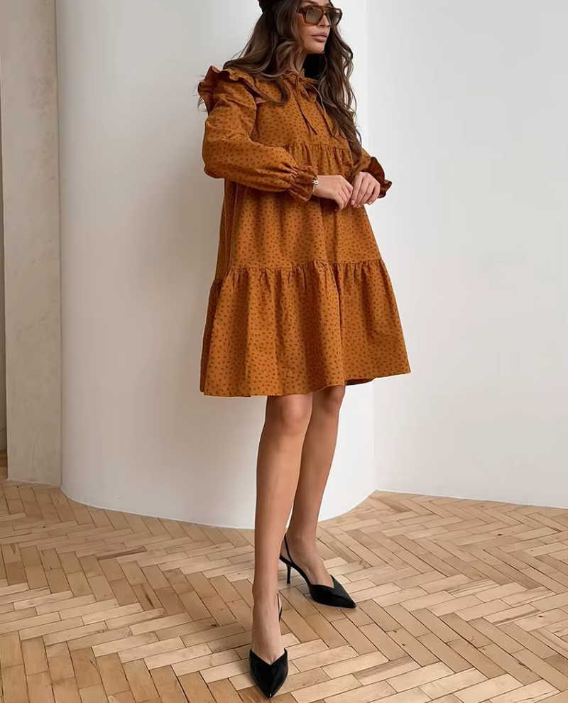 Casual Print Stand Collar Long Sleeve Loose Classic Lace-Up Mini Dresses