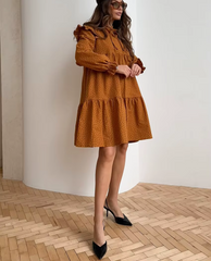 Casual Print Stand Collar Long Sleeve Loose Classic Lace-Up Mini Dresses
