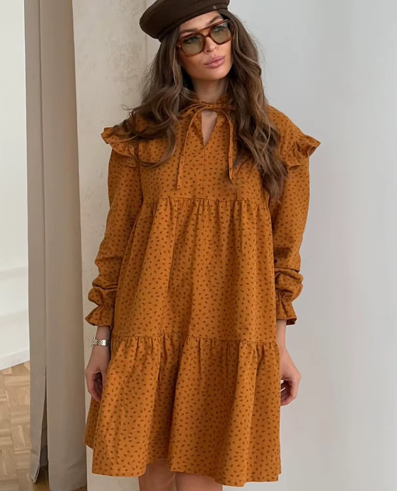 Casual Print Stand Collar Long Sleeve Loose Classic Lace-Up Mini Dresses