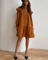 Casual Print Stand Collar Long Sleeve Loose Classic Lace-Up Mini Dresses