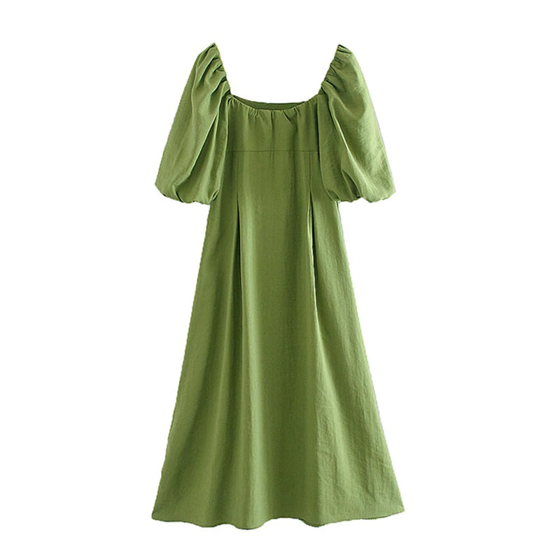 Casual Puff Short Sleeve Pleated Midi Dress