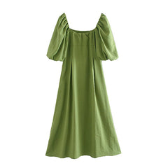 Casual Puff Short Sleeve Pleated Midi Dress