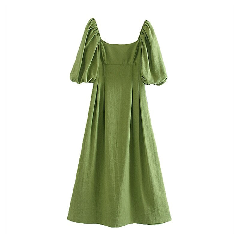 Casual Puff Short Sleeve Pleated Midi Dress