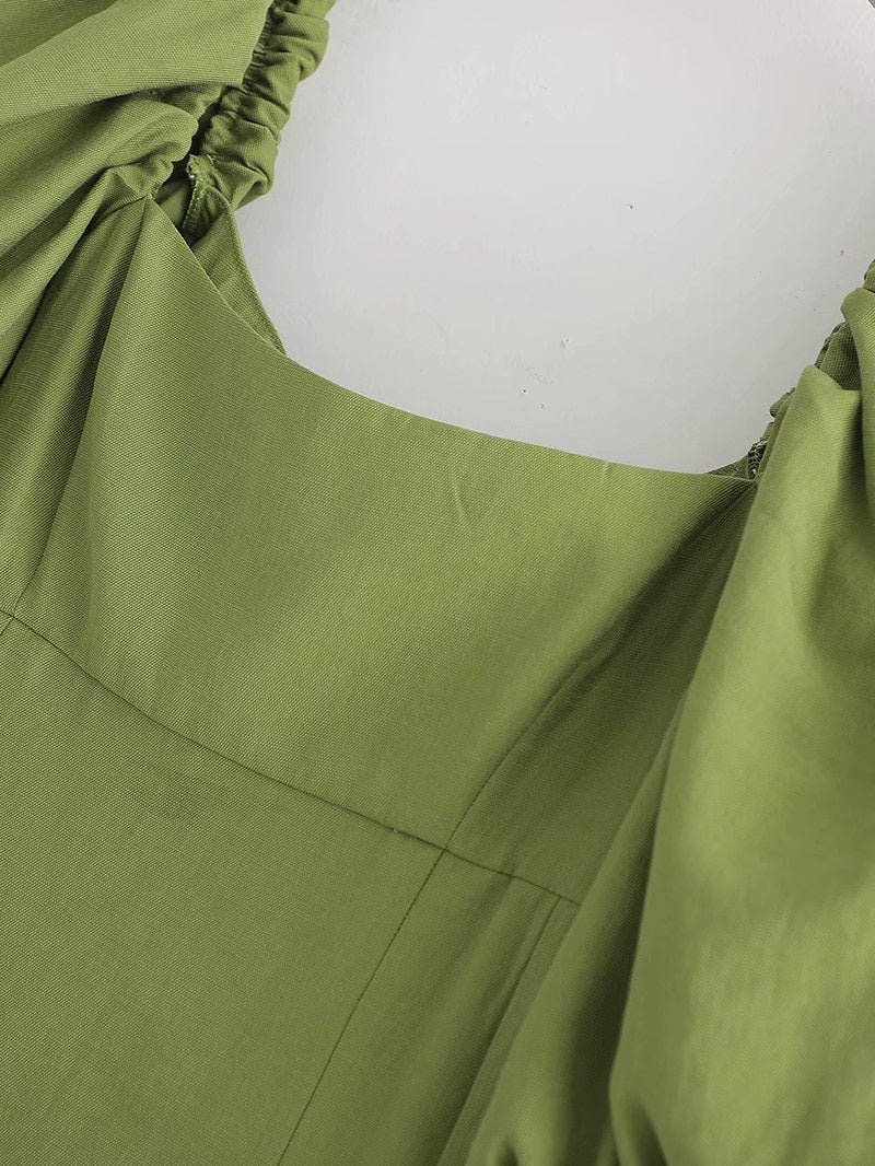 Casual Puff Short Sleeve Pleated Midi Dress