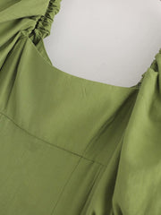 Casual Puff Short Sleeve Pleated Midi Dress