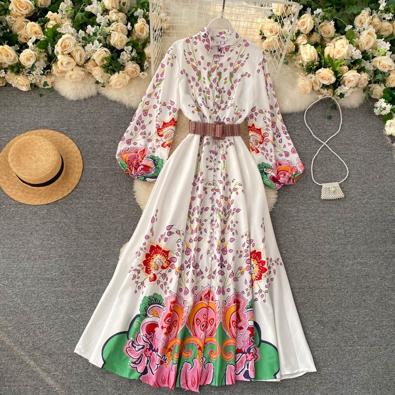 Casual Retro Puff Sleeve Button A-line Print Long Maxi Dress