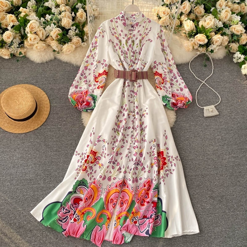 Casual Retro Puff Sleeve Button A-line Print Long Maxi Dress