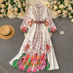 Casual Retro Puff Sleeve Button A-line Print Long Maxi Dress