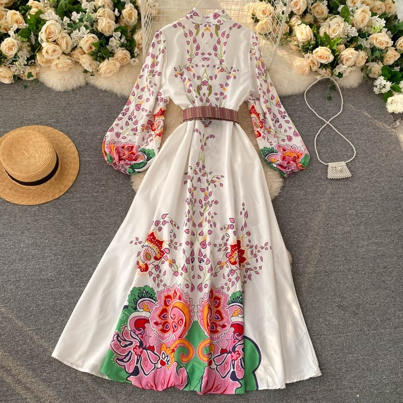 Casual Retro Puff Sleeve Button A-line Print Long Maxi Dress