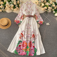 Casual Retro Puff Sleeve Button A-line Print Long Maxi Dress