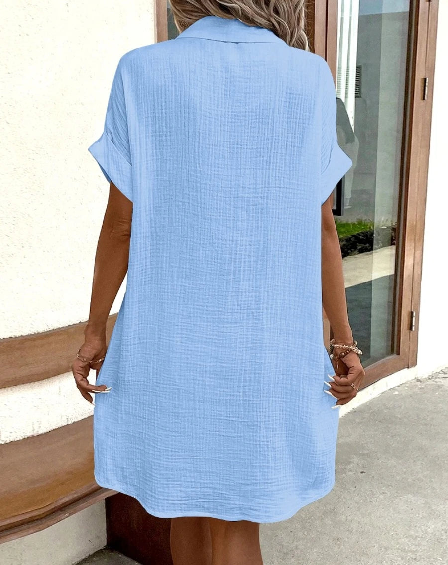 Casual V-neck Three Quater Sleeve Cotton Linen Mini Dress