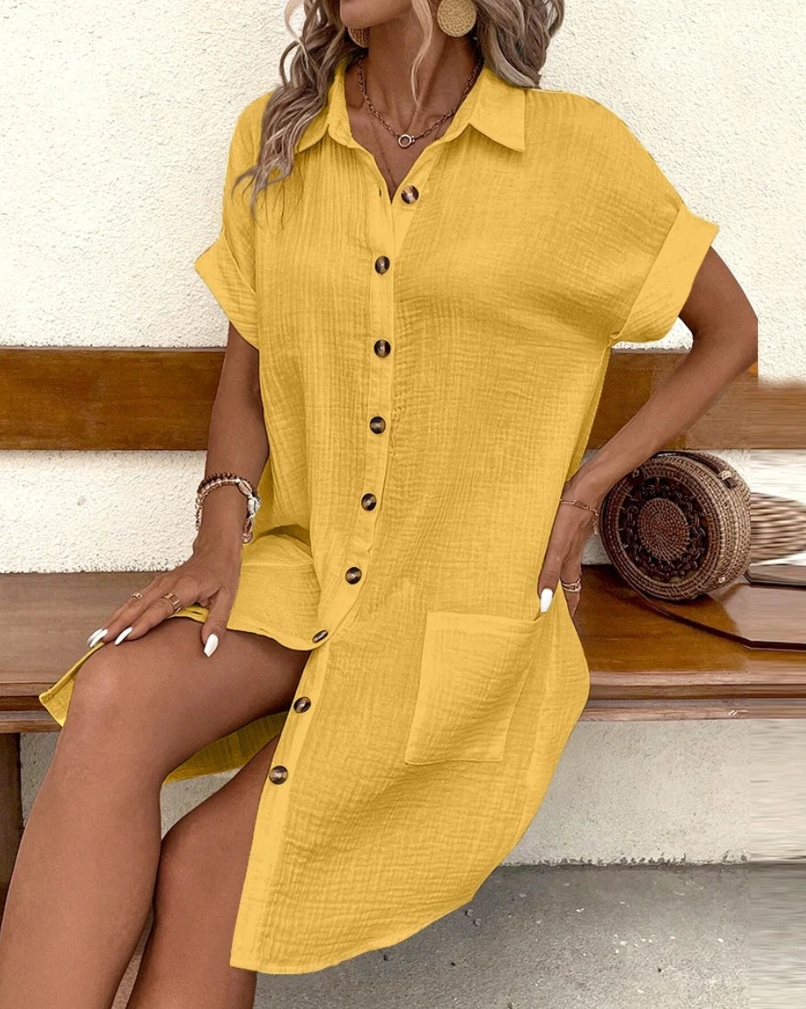 Casual V-neck Three Quater Sleeve Cotton Linen Mini Dress