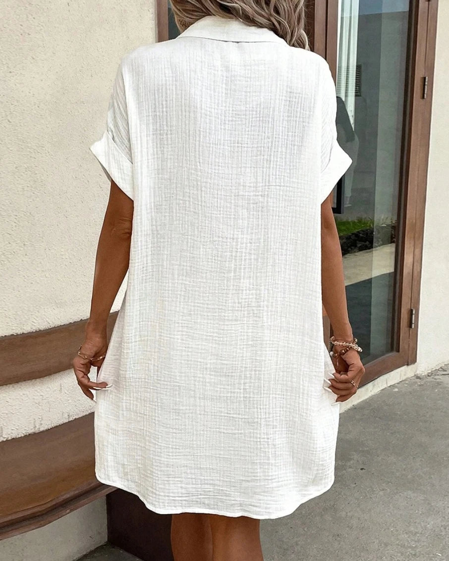 Casual V-neck Three Quater Sleeve Cotton Linen Mini Dress