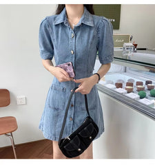 Casual Fitted High Waist Short Sleeve Denim Mini Dress