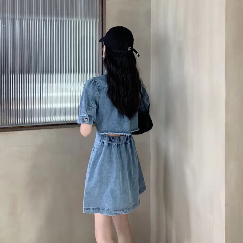 Casual Fitted High Waist Short Sleeve Denim Mini Dress