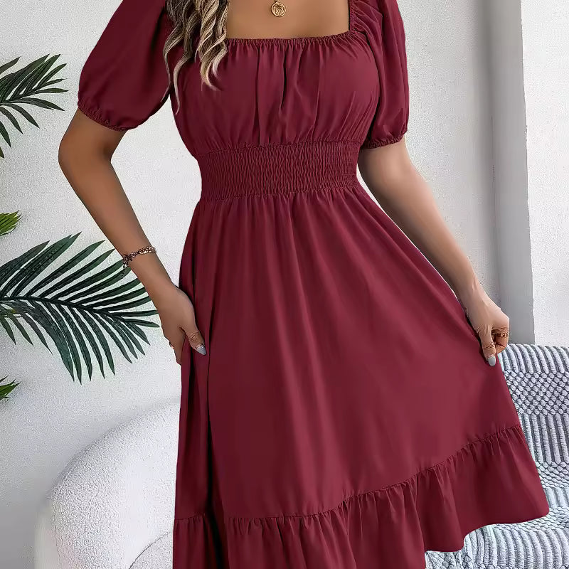 Casual Fitted Square Neck Ruffle Hem High Waisted Knee-Length Dress