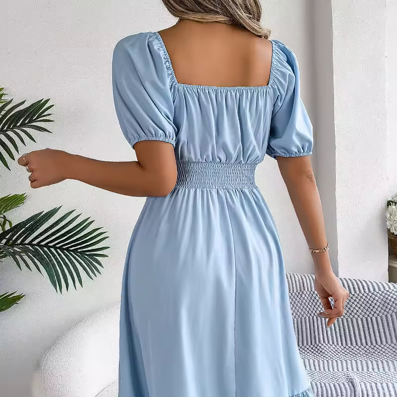 Casual Fitted Square Neck Ruffle Hem High Waisted Knee-Length Dress