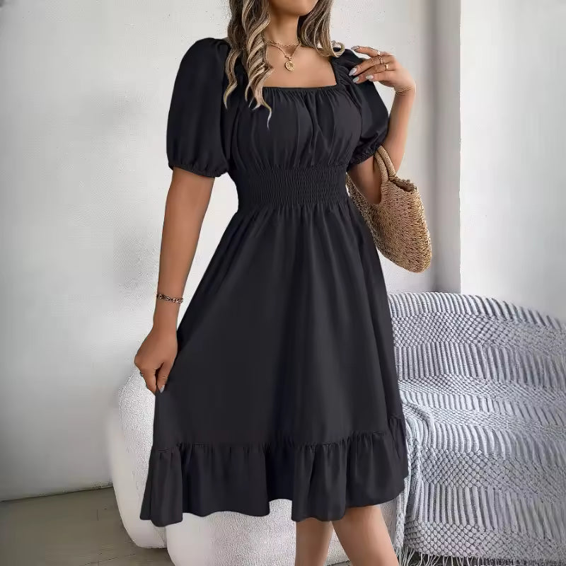 Casual Fitted Square Neck Ruffle Hem High Waisted Knee-Length Dress