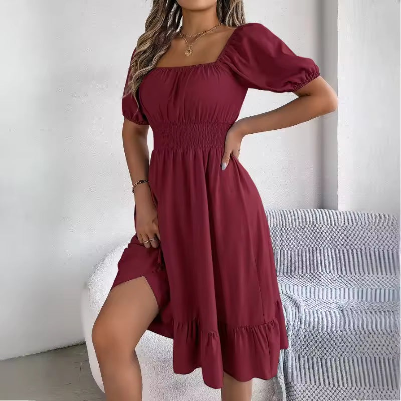 Casual Fitted Square Neck Ruffle Hem High Waisted Knee-Length Dress
