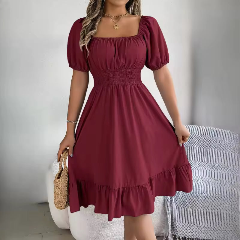 Casual Fitted Square Neck Ruffle Hem High Waisted Knee-Length Dress