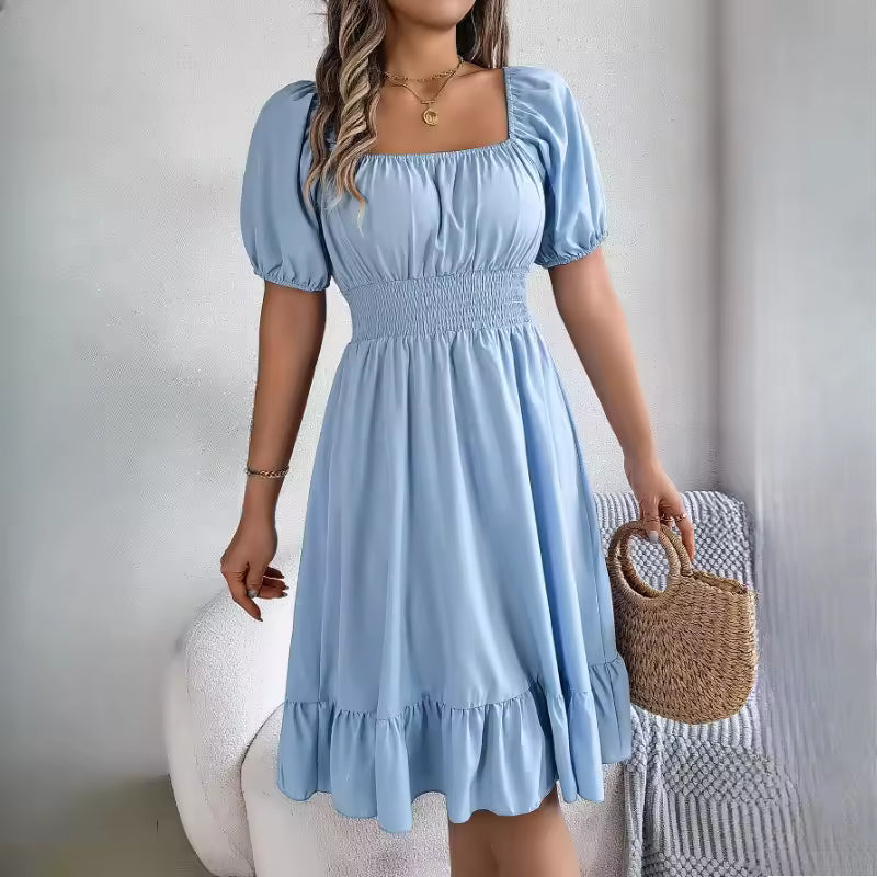 Casual Fitted Square Neck Ruffle Hem High Waisted Knee-Length Dress