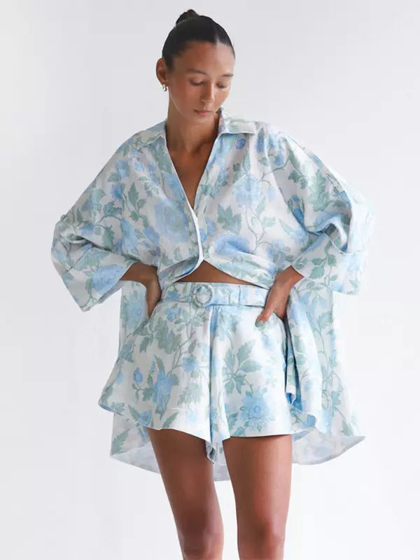 Casual Flared Sleeve Floral Shirt And Flared Shorts With Belt Two-Piece Set